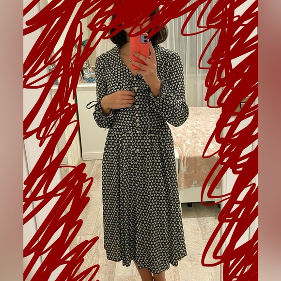 Navy Blue and Cream Patterned Dress - Size S - Picture 2 of 4